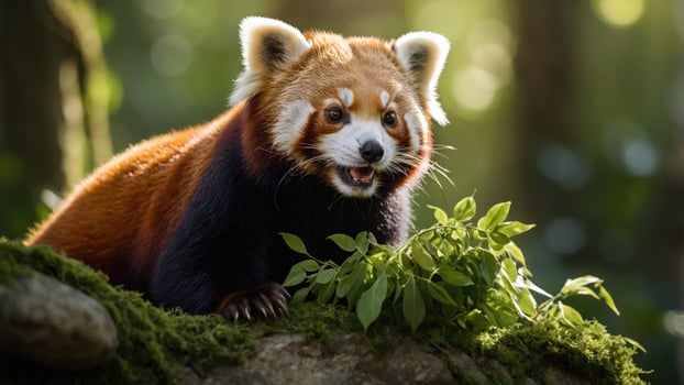 Red panda sitting on a mossy rock, surrounded by lush greenery in a serene forest setting photo