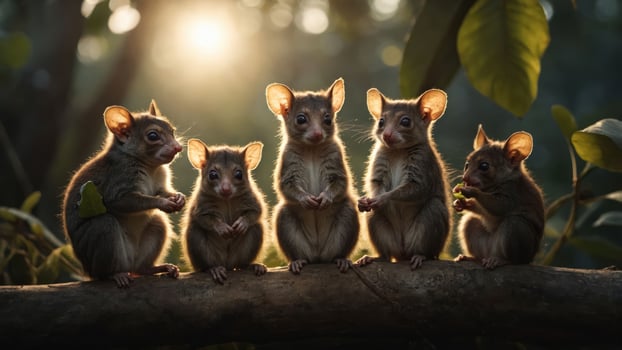 Five adorable small marsupials sitting on a branch in a lush forest during sunset photo