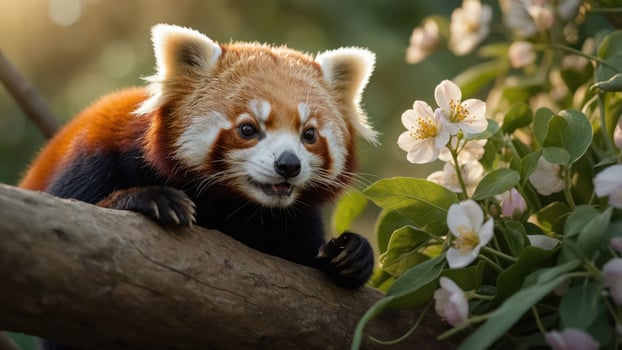A red panda playfully perched on a branch surrounded by blooming flowers in a serene setting photo