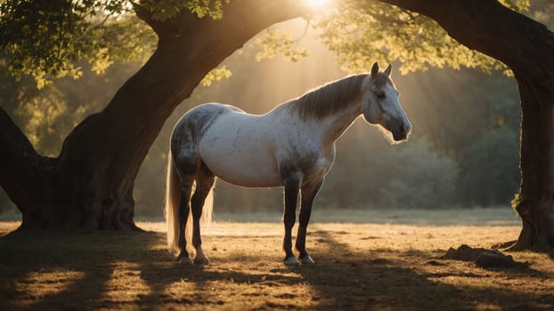Majestic horse standing gracefully under sunlit trees in a serene forest setting photo