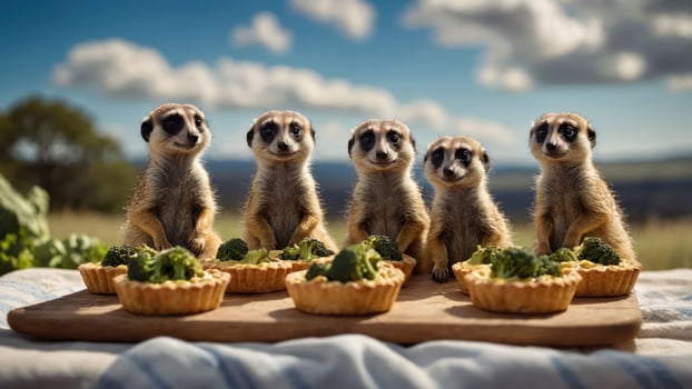 Five adorable meerkats enjoying broccoli tartlets on a sunny day in a scenic landscape photo