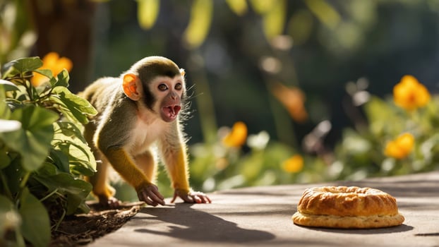 A curious monkey approaches a pastry on a sunny day in a vibrant garden setting photo