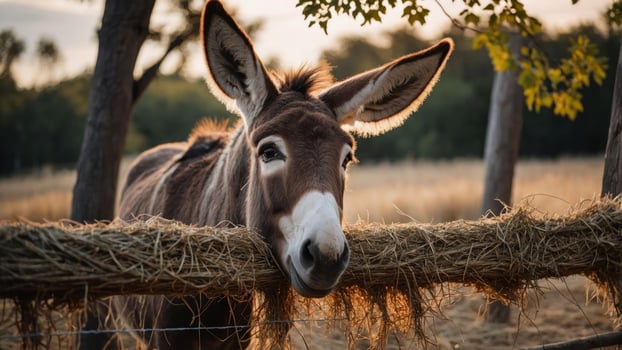 A serene donkey resting its head on a wooden fence at sunset in a tranquil rural setting photo