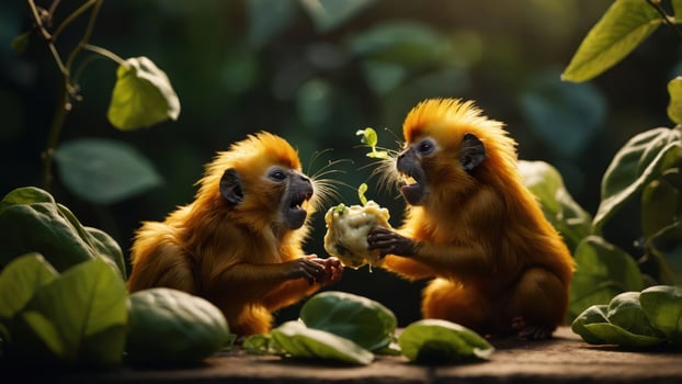 Two golden monkeys interacting playfully while sharing food amidst lush green foliage photo