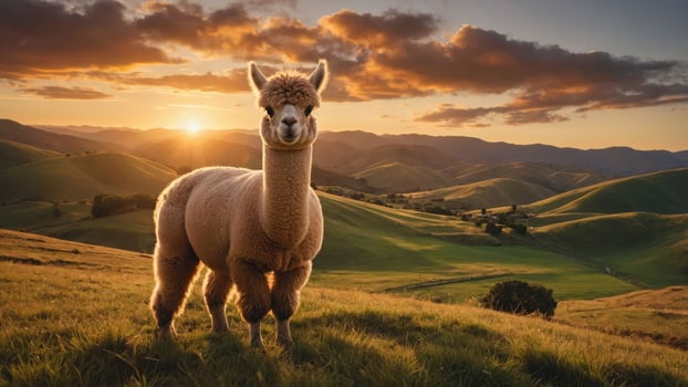 A serene alpaca stands majestically in a sunlit meadow, with rolling hills and a sunset backdrop photo