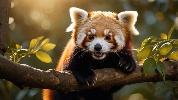 A playful red panda perched on a tree branch, surrounded by lush green foliage in a vibrant forest photo