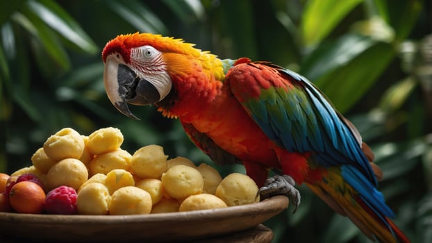 Vibrant parrot perched beside a bowl of tropical fruits in a lush green environment photo