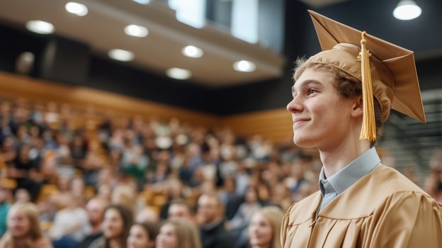 Young graduate wearing a golden cap and gown stands proudly during the ceremony, surrounded by a cheering audience filled with family and friends, celebrating success photo