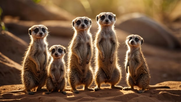 Group of meerkats standing upright in golden sunlight on sandy terrain, showcasing social behavior photo