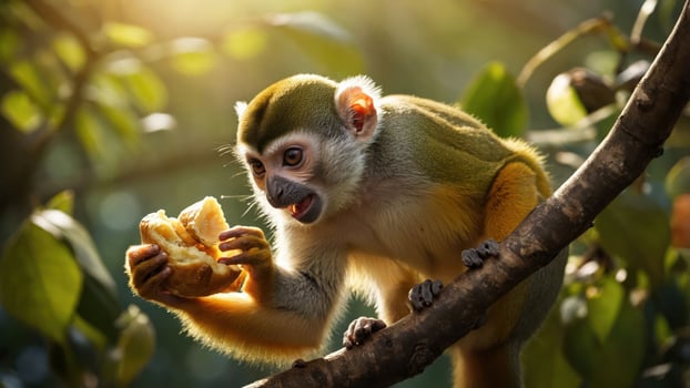 A playful monkey sitting on a branch, enjoying a piece of fruit in a lush forest setting photo