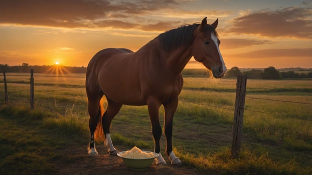 Majestic horse standing near a feeding bowl at sunset in a serene countryside landscape photo