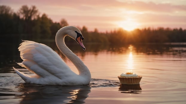 Elegant swan gliding on tranquil lake at sunset, with a dessert floating nearby, creating a serene scene photo