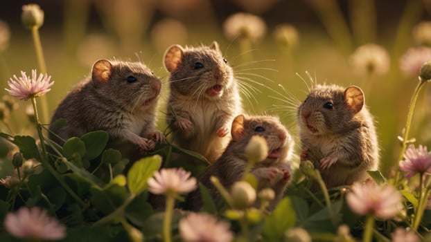 A group of four small rodents interacting playfully amidst blooming flowers in a sunlit meadow photo