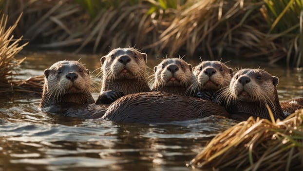 Group of playful otters swimming together in a serene wetland, surrounded by tall grass photo