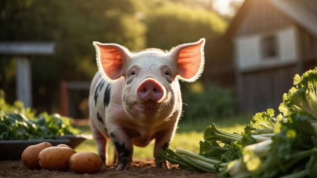 Cute piglet standing on a farm with vegetables, sunlight shining, and a rustic barn in the background photo