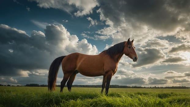 Majestic brown horse standing in a lush green field under a dramatic sky at sunset photo