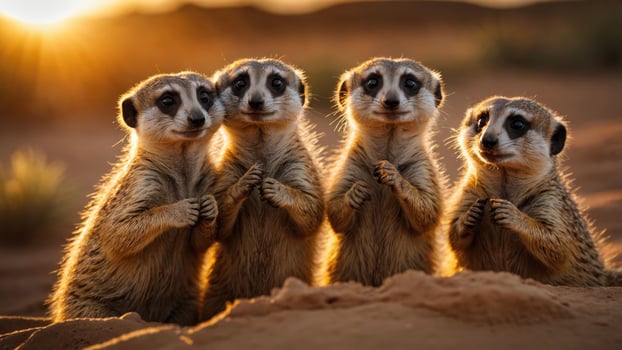 Four meerkats standing together in the desert at sunset, showcasing their curious expressions photo