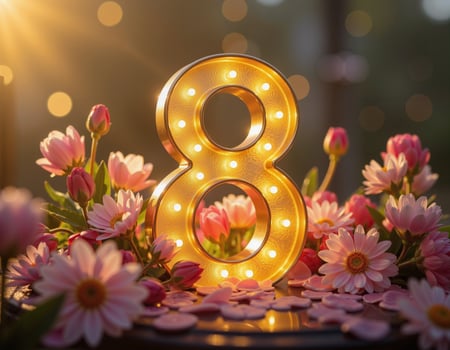 Glowing number 8 surrounded by vibrant flowers for a cheerful celebration. photo