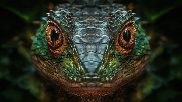 close-up of green reptile with striking yellow eyes, intricate scales photo