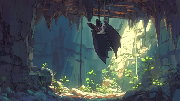 A whimsical bat hanging from a vine in a lush, overgrown cave with sunlit stones and plants photo
