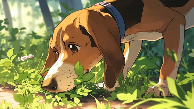 A beagle dog exploring a lush green forest floor, sniffing flowers and plants in the sunlight photo
