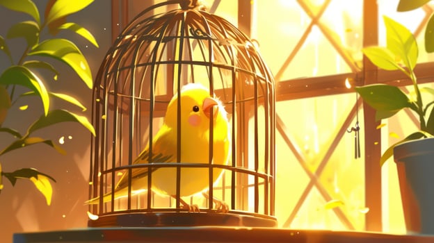 A vibrant yellow canary sings joyfully in a sunlit room, surrounded by lush green plants photo