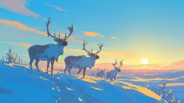 Majestic reindeer silhouetted against a vibrant sunset in a snowy landscape, evoking tranquility photo