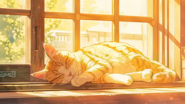 A peaceful orange cat sleeping on a sunny windowsill, surrounded by warm sunlight and greenery photo