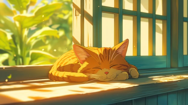 Cozy orange cat sleeping peacefully on a sunlit windowsill surrounded by lush greenery photo