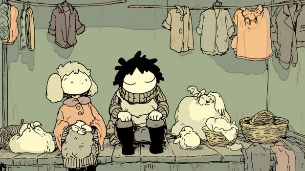 Two animated characters sitting in a rustic laundry room surrounded by clothes and animals photo