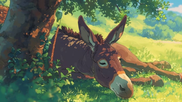 Peaceful donkey resting under a tree in a vibrant green meadow with a serene landscape photo