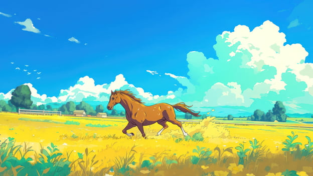 A brown horse galloping through a vibrant yellow field under a bright blue sky photo