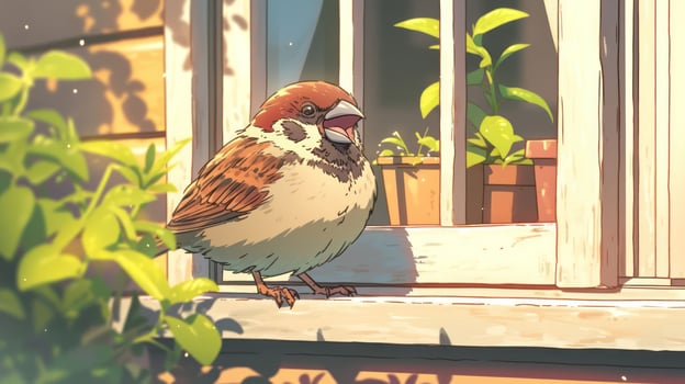 Cheerful sparrow perched on a sunlit windowsill, surrounded by greenery and potted plants photo