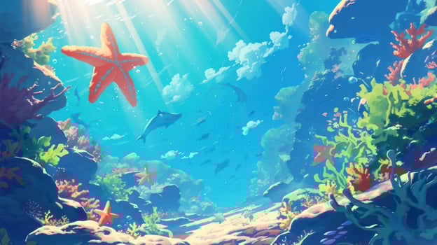 Vibrant underwater scene showcasing colorful coral reefs, starfish, and marine life in sunlight photo