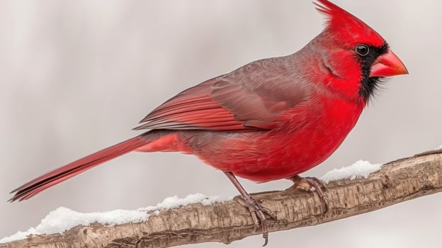 Vibrant red cardinal perched on a snowy branch against a soft, blurred winter background photo
