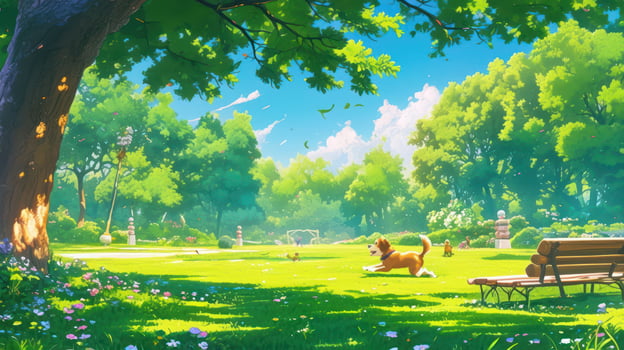 A playful dog frolics in a vibrant park filled with lush greenery and blooming flowers photo