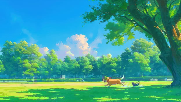A playful dog and cat frolic in a sunny park, surrounded by lush trees and a clear blue sky photo