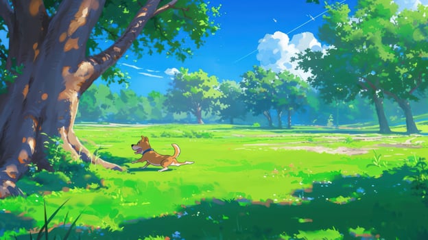 A playful dog running joyfully through a vibrant green park under a clear blue sky photo