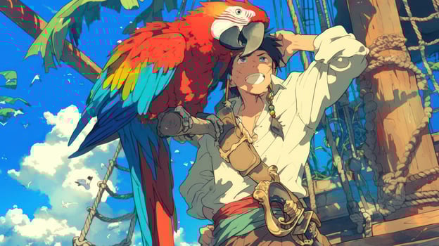 Young adventurer with a colorful parrot on his shoulder, standing on a pirate ship at sea photo