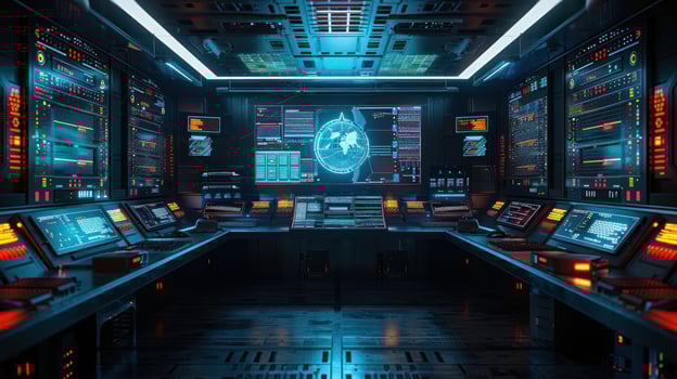 Futuristic control room with glowing screens, holographic globe, and advanced technology setup photo