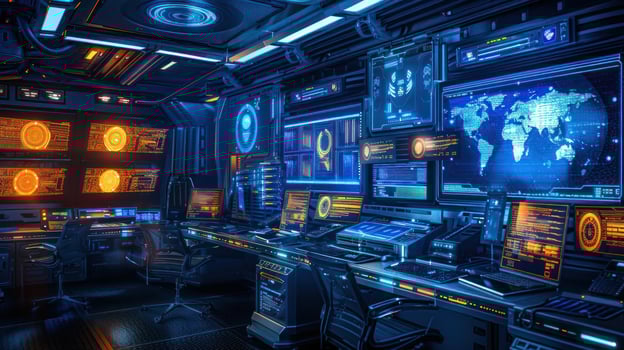 Futuristic control room with advanced technology displays, monitors, and ambient lighting photo