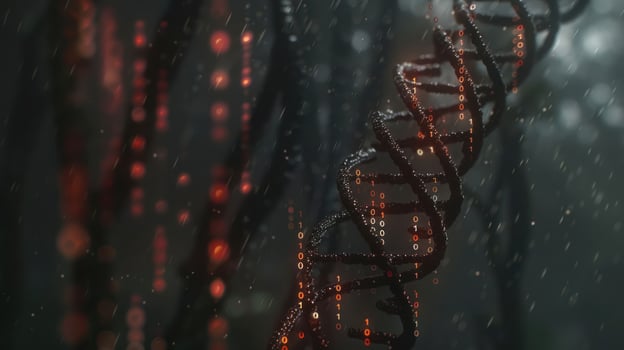 Abstract representation of DNA strands intertwined in a rainy, dark forest environment photo