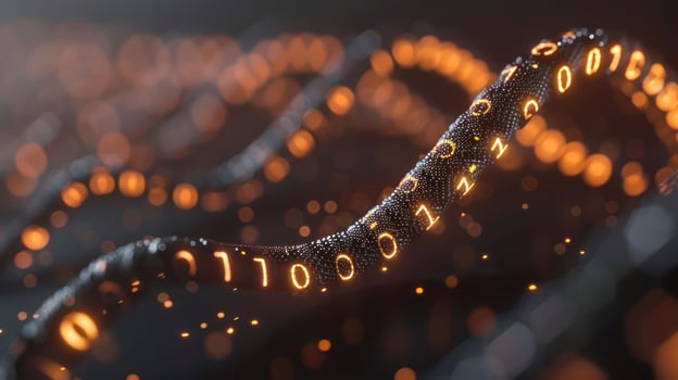 Abstract representation of flowing binary code with glowing digits on a dark background photo