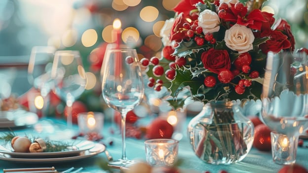 Elegant holiday dining table adorned with festive flowers and candles, warm ambiance in background photo