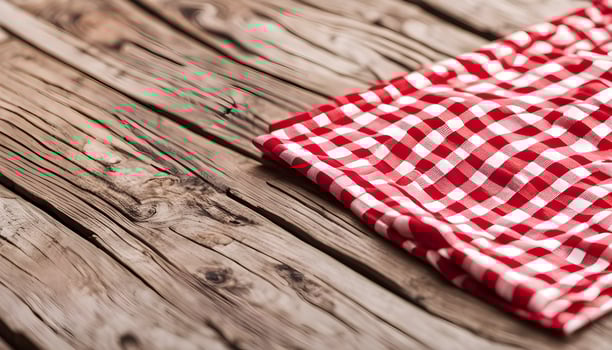 Red checkered tablecloth on wooden table photo
