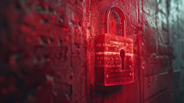 A close-up of a red padlock on a wet, textured wall, suggesting security and mystery photo