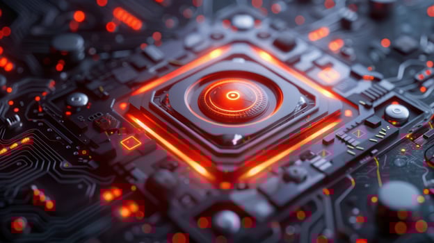 Close-up of a futuristic microchip with glowing circuits and intricate details in a tech environment photo
