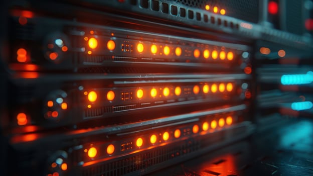 Close-up view of illuminated server racks showcasing data processing in a tech environment photo