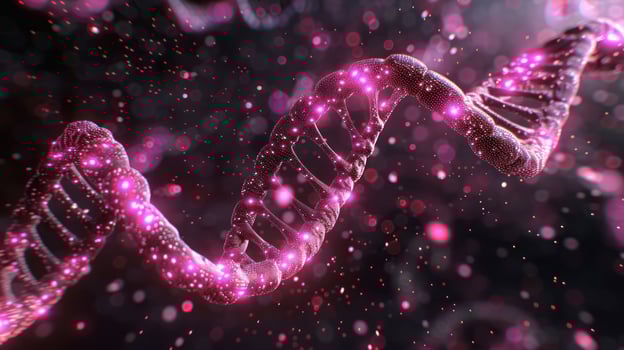 Abstract visualization of a DNA double helix with glowing particles in a dark background photo
