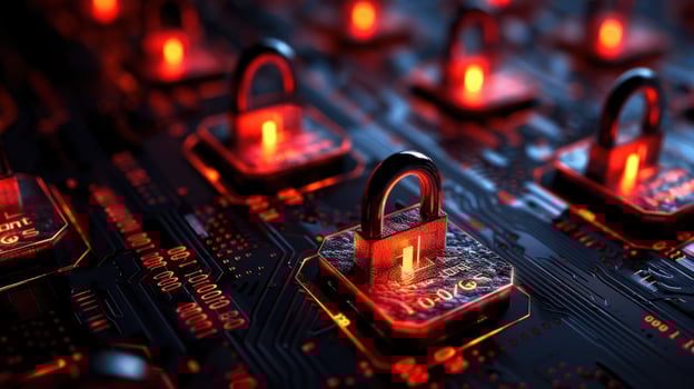 Close-up of glowing digital locks on a circuit board, symbolizing cybersecurity and protection photo